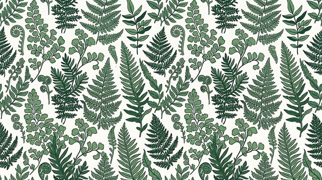 Seamless botanical pattern featuring hand drawn green fern fronds