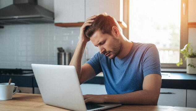 Man with laptop in home kitchen holds neck in pain, showing work from home stress, poor posture, and discomfort from long computer use.
