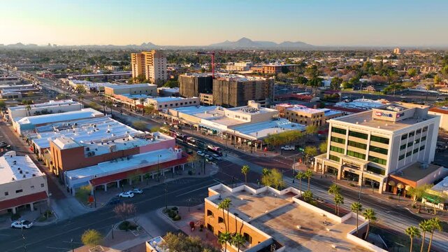 Mesa city center aerial view on Center Street at Main Street at sunset, Mesa, Arizona AZ, USA. 