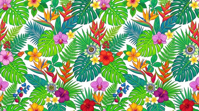 Vibrant tropical pattern with monstera leaves and hibiscus flowers