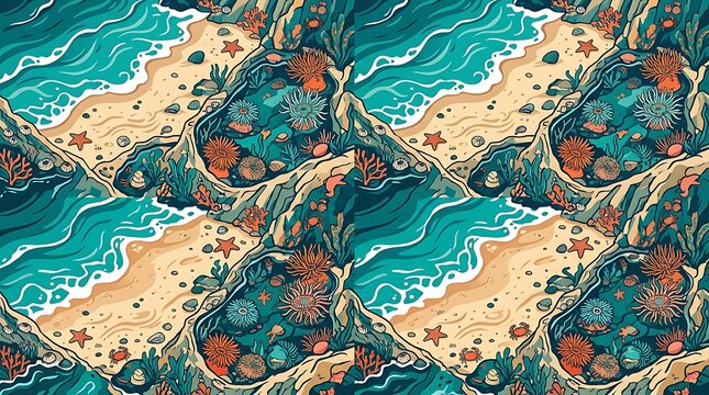 Colorful beach tide pool pattern with sea anemones and waves