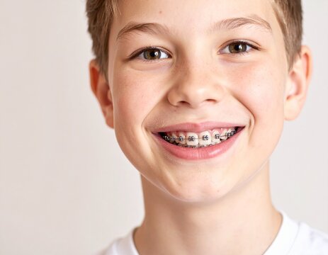 Close-up portrait of a smiling child with braces, pediatric orthodontics, dental confidence, smile transformation, with copy space