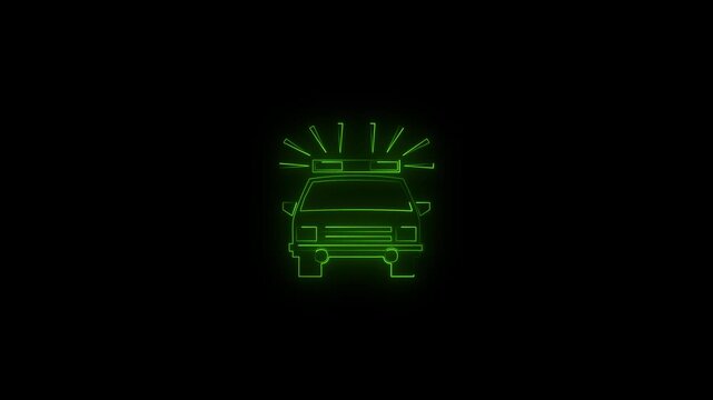 Car animation by blue neon icon on black background. Glowing neon Ambulance and emergency car line icon on the Alpha Channel 4k animation