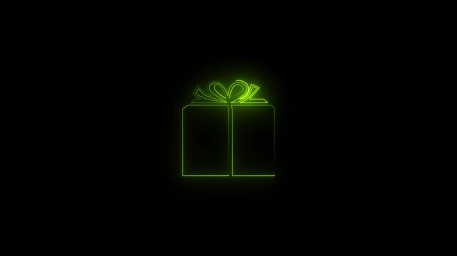 Glowing neon gift box icon. Neon line gift box moving on black background. Birthday shopping symbol