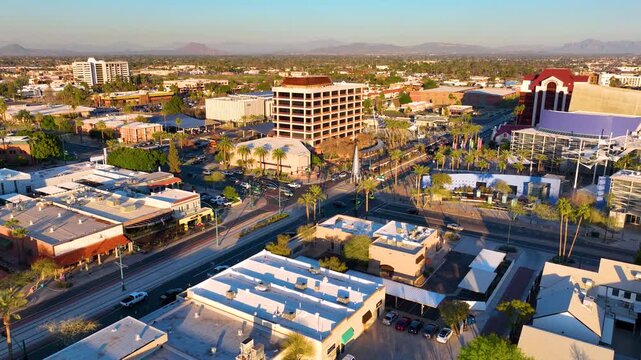 Mesa city center aerial view on Center Street at Main Street at sunset, Mesa, Arizona AZ, USA. 