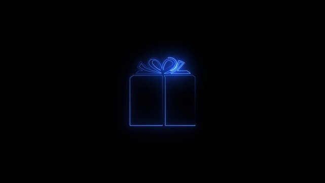 Glowing neon gift box icon. Neon line gift box moving on black background. Birthday shopping symbol