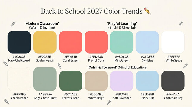Back to School 2027 color trends palette, modern classroom and playful learning swatches, mindful education color scheme with hex codes