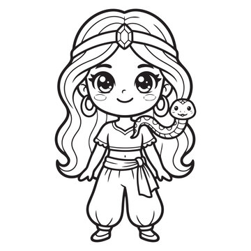 Cute cartoon princess character with a small snake friend for kids coloring book page art for kids vector design.