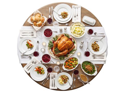 Roasted turkey dinner on a wooden table with plates of vegetables and sides for a festive holiday celebration transparent background