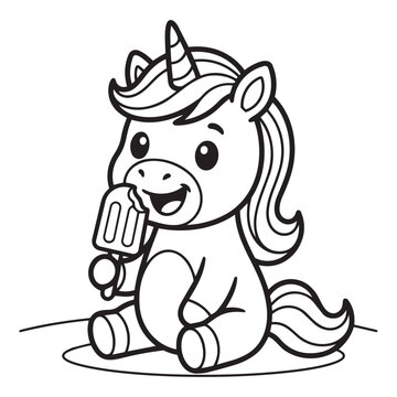 Cute little unicorn sitting and eating a sweet ice cream popsicle for kids coloring page for kids vector design.