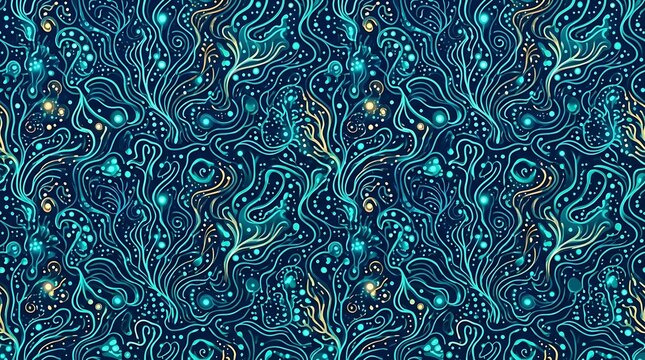 Abstract teal and blue bioluminescent organic wavy pattern