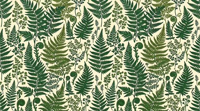 Lush green botanical fern leaves seamless pattern background