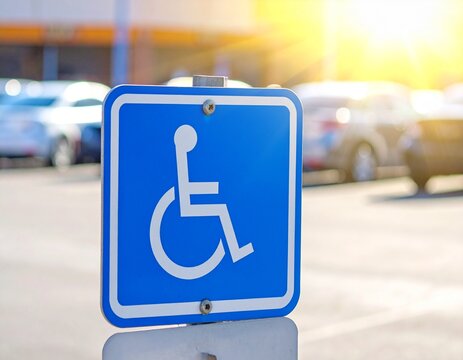 Close-up view of blue and white handicap parking sign in shopping center parking lot on sunny day with blurred cars, accessibility concept, public facility photography, blurred