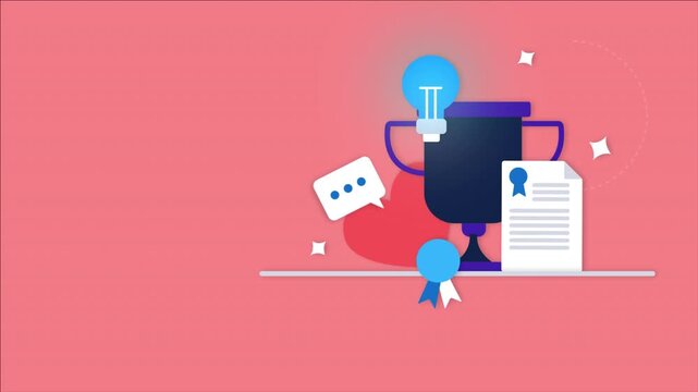 Business success and achievement concept with trophy and award certificate animation.