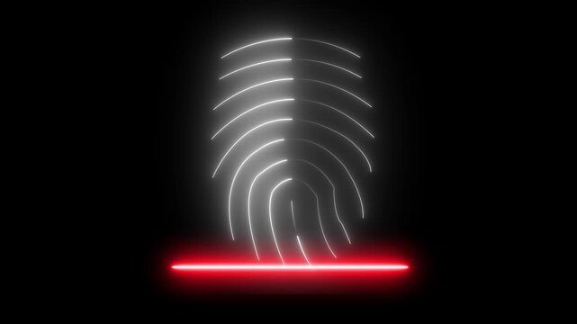 Glowing neon white  fingerprint scanning animation. fingerprint scanning neon sign video, fingerprint lock secure security , biometric icon set on black background. 4k vide