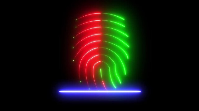Glowing neon  fingerprint scanning animation. fingerprint scanning neon sign video, fingerprint lock secure security , biometric icon set on black background. 4k vide