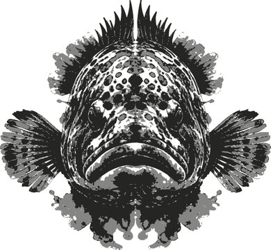 Isolated ornate grouper fish head front view detailed pattern, marine life, seafood concept