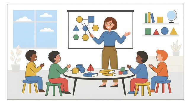 Flat vector illustration of a teacher conducting an interactive geometry lesson with elementary students using colorful geometric shapes. Ideal for education, mathematics, STEM, and classroom learning