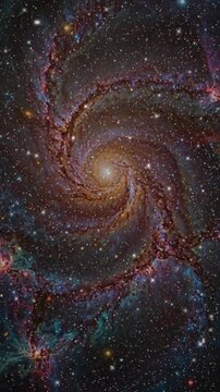 Swirling spiral galaxy motion scene showing golden core surrounded by colorful nebula gas dust particles and shining stars in deep space