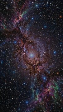 Vast cosmic space landscape with bright shining central star surrounded by dark interstellar dust and colorful sparkling nebula clouds motion
