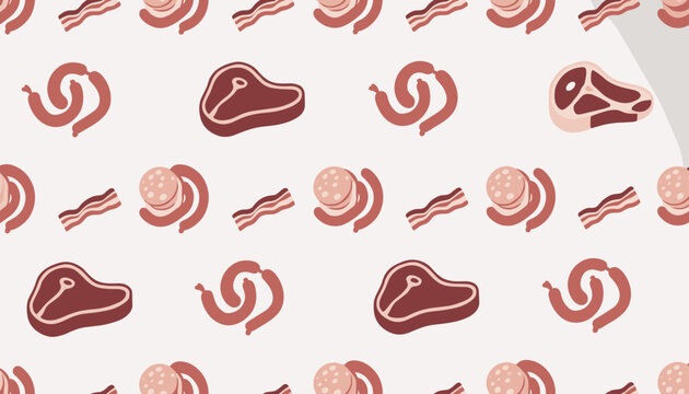 Seamless vector pattern featuring various delicious meat cuts including steaks sausages bacon and salami.