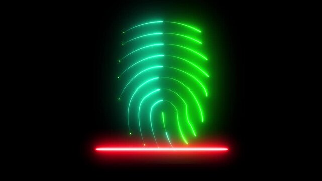 Glowing neon fingerprint scanning animation. fingerprint scanning neon sign video, fingerprint lock secure security , biometric icon set on black background. 4k vide