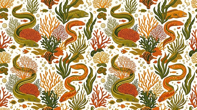 Seamless pattern of moray eels and coral reef life
