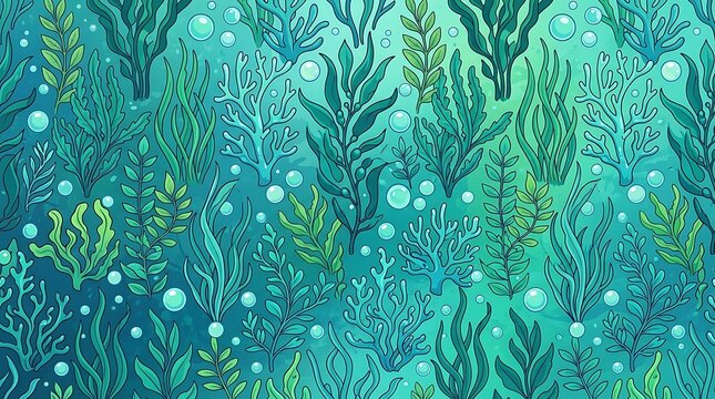 Underwater background with seaweed and bubbles in green and blue