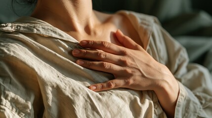 Obraz premium Woman Resting Hand on Chest in Warm Morning Light