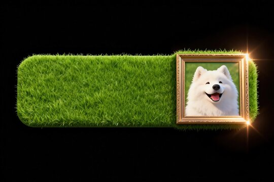 Long rectangular grass banner made of fresh green grass with golden glowing picture frame holding happy smiling white samoyed dog portrait against black background
