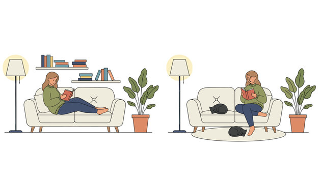Two scenes of a young woman enjoying reading books on a cozy white sofa at home surrounded by plants and sleeping cats.