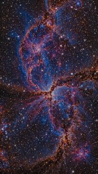 Dynamic cosmic explosion of blue red nebula clouds and bright shining star cluster rotating slowly in the vast dark expanse of deep space