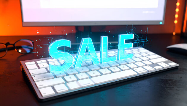 Glowing Neon SALE Sign Hovering Over a Modern Keyboard.