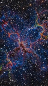 Symmetrical cosmic butterfly nebula formation glowing with blue and orange gas clouds floating amidst brilliant star fields in deep space