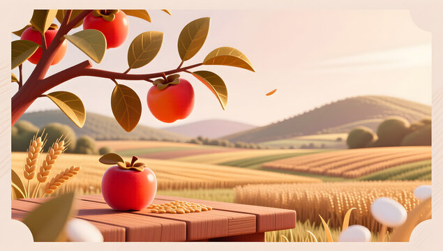 Autumn Harvest Produce persimmon branch illustration background