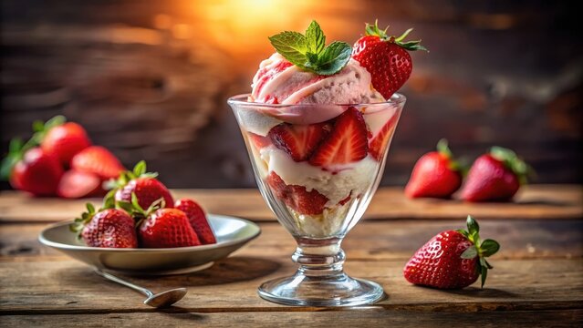 A delicious strawberry ice cream sundae drips lazily onto a delicate glass cup its sugary sweetness glistening