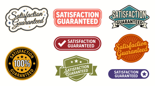 This image presents a collection of satisfaction guaranteed labels, reinforcing quality assurance and trust, perfect for businesses wanting to convey reliability and assurance.