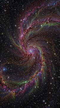 Vibrant spiral galaxy rotation showing bright core surrounded by glowing magenta green nebula arms dark interstellar dust and twinkling stars