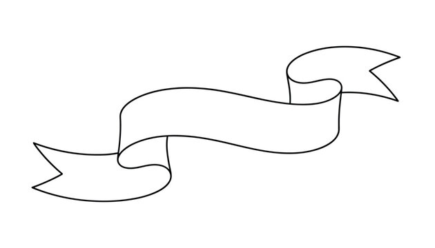 Simple line art drawing of a blank curved ribbon banner with swallowtail ends isolated on white background.