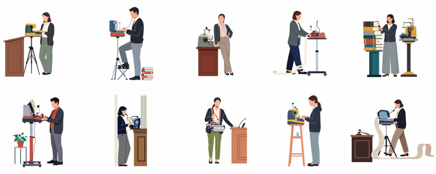 Collection of professional court reporters and stenographers using stenotype machines for legal transcriptions and courtroom proceedings in flat design illustration style.