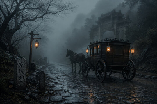 Foggy ancient coach road with stopped carriage and swaying lanterns.