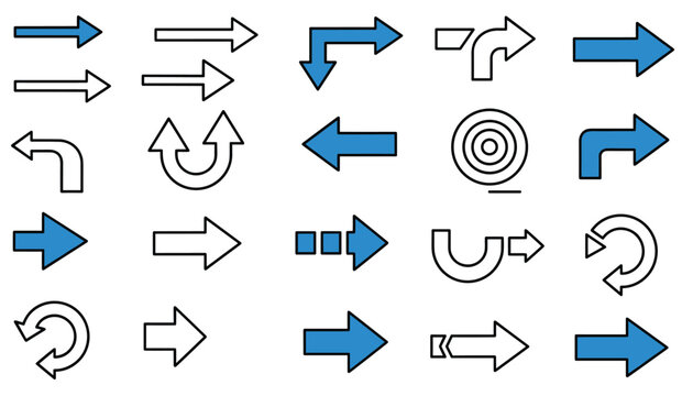 Set of vector arrow icons in different shapes and directions featuring filled blue and outlined black designs.