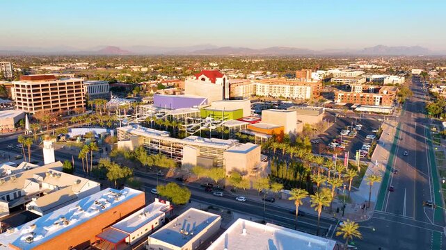 Mesa Arts Center aerial view at city center on Main Street and Center Street, Mesa, Arizona AZ, USA. 