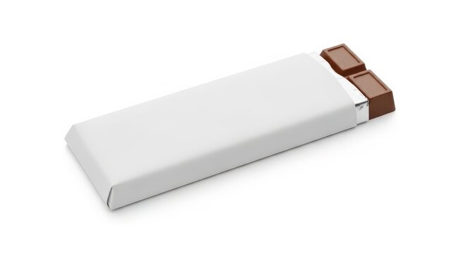 Chocolate bar with wrapper partially opened on a flat surface