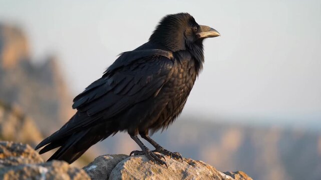 A solitary black raven perched on a rocky surface against a blurred natural background during twilight