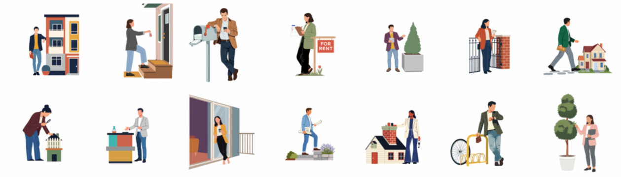 Collection of flat vector illustrations featuring people engaged in various real estate, property management, and housing activities across different settings.