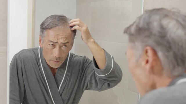 洗面所で髪の毛のチェックをするシニア男性（ハゲ・薄毛）