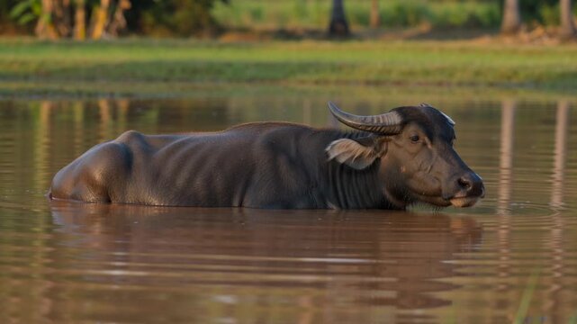 A water buffalo calmly resting in a serene pond surrounded by lush greenery