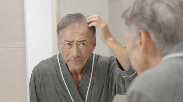 洗面所で髪の毛のチェックをするシニア男性（ハゲ・薄毛）