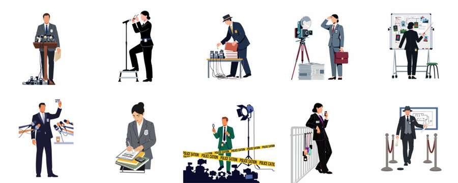 Flat vector illustration set depicting police detectives and officials during press conferences, crime scene investigations, media briefings, and evidence analysis on a white background.